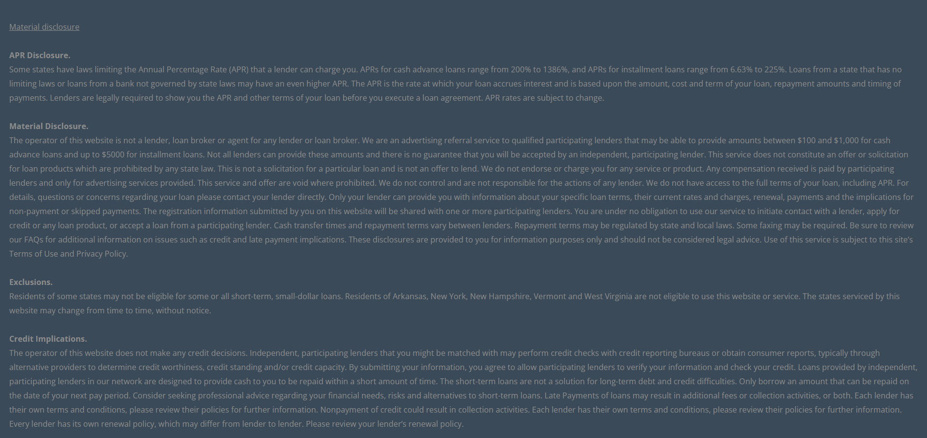 Material disclosure for payday loans in North Charleston South Carolina